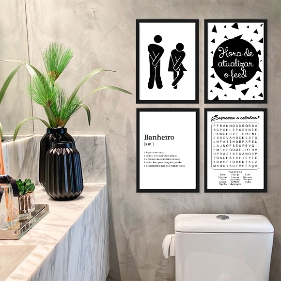 Kit 4 Quadros Divertidos Para Banheiro 45x34cm - com vidro