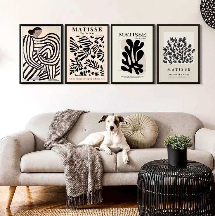 Kit 4 Quadros Matisse Bege e Preto 45x34cm - com vidro