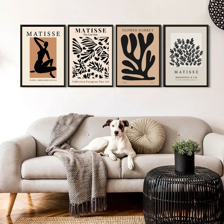 Kit 4 Quadros Matisse Bege e Preto Abstrato 33x24cm - com vidro