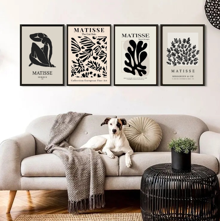 Kit 4 Quadros Matisse Preto e Bege 45x34cm - com vidro
