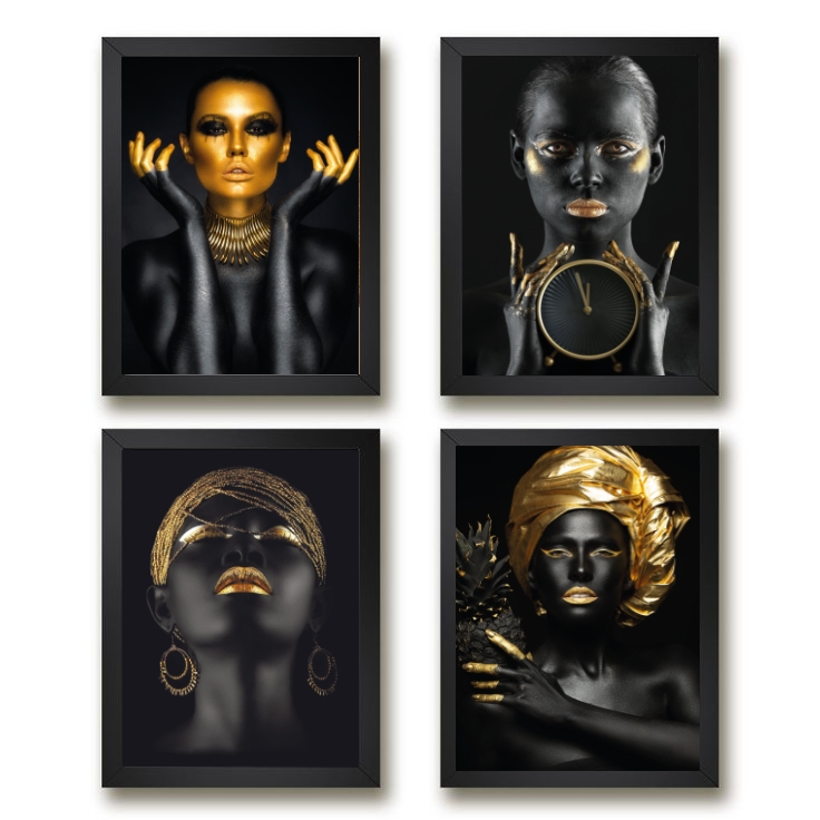 Kit 4 Quadros Mulheres Preto Com Dourado 45x34cm - com vidro