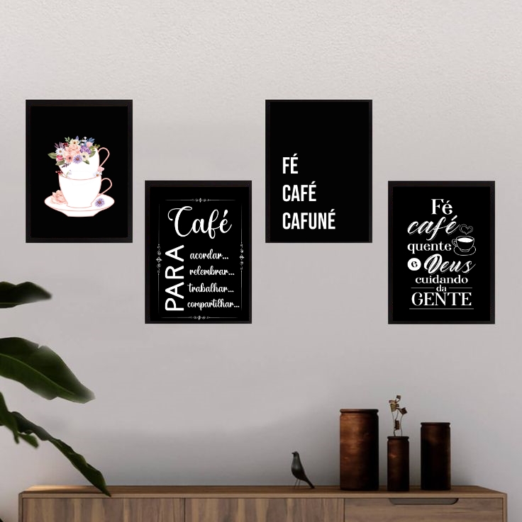 Kit 4 Quadros Para Cantinho Do Café Preto 33x24cm - com vidro