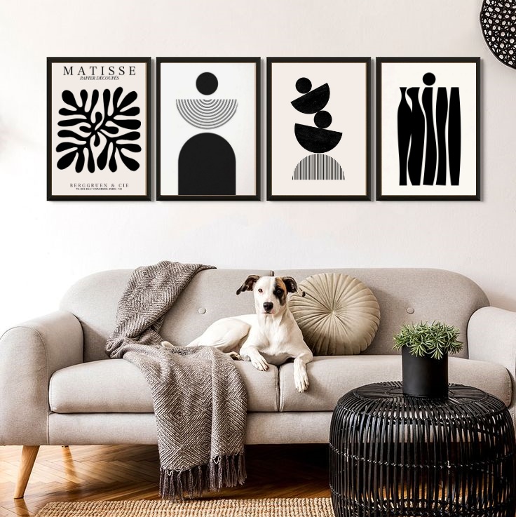 Kit 4 Quadros Para Sala Abstratos Preto E Branco Matisse 33x24cm - com vidro