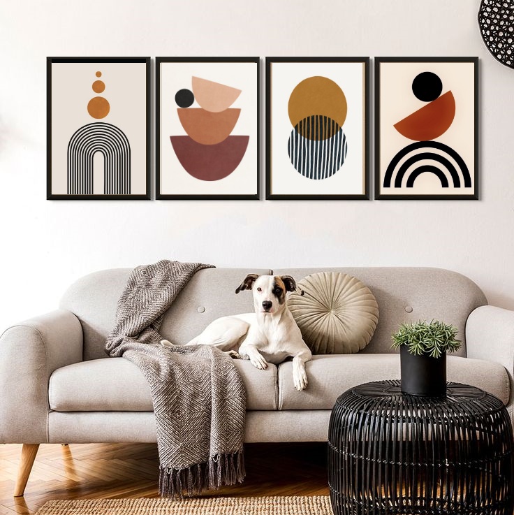 Kit 4 Quadros Para Sala Minimalistas Abstratos Marrom 45x34cm