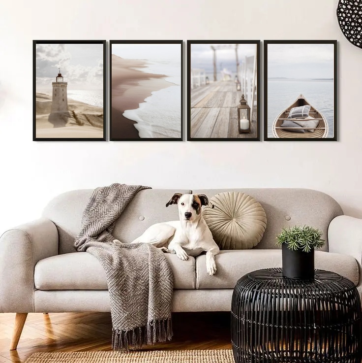 Kit 4 Quadros Praia Marrom e Bege 33x24cm - com vidro