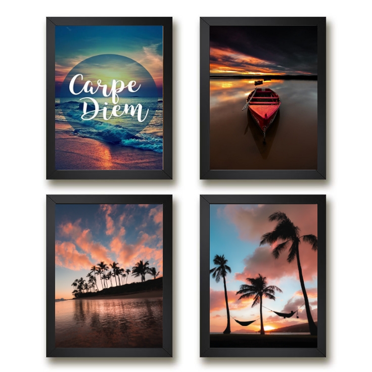Kit 4 Quadros Praia Por Do Sol Carpe Diem 24x18cm - com vidro