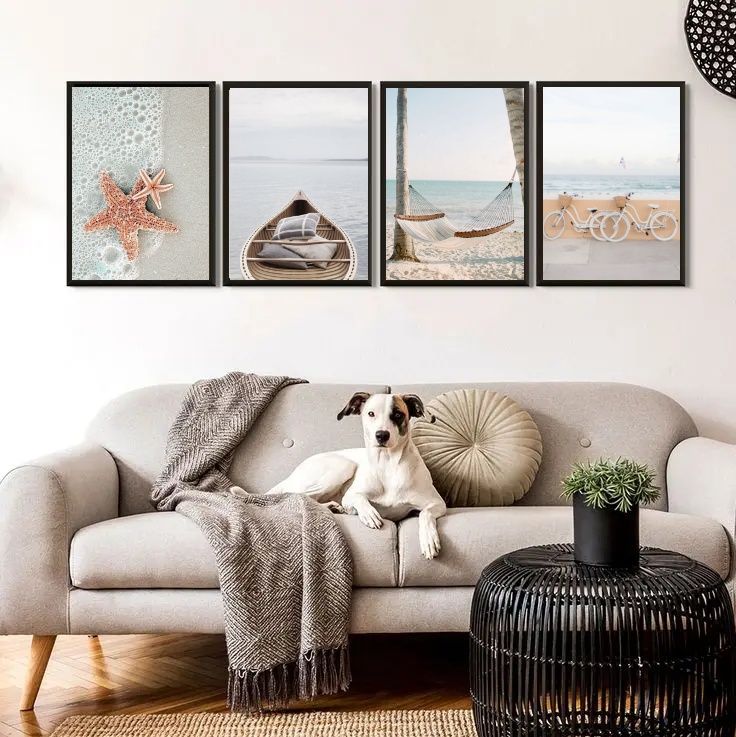 Kit 4 Quadros Praia Soft - Branco e Bege 45x34cm - com vidro