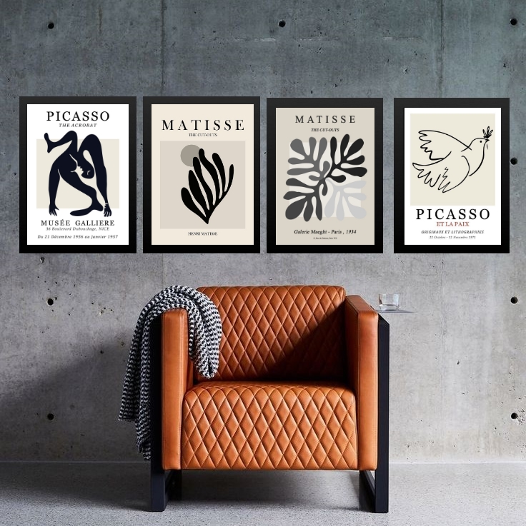Kit 4 Quadros Preto Cinza - Matisse Picasso 33x24cm - com vidro
