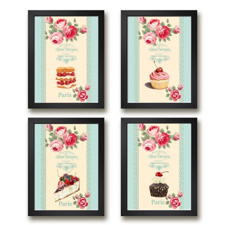 Kit 4 Quadros Vintage Para Cozinha Doces E Bolos 45x34cm - com vidro