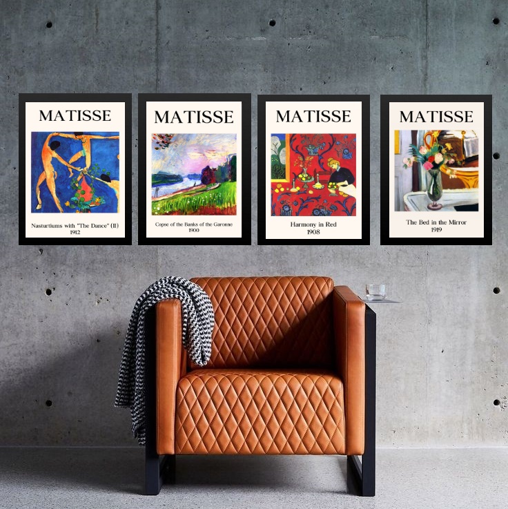 Kit 4 Quadros Vintage Posters Matisse Colorido 45x34cm - com vidro