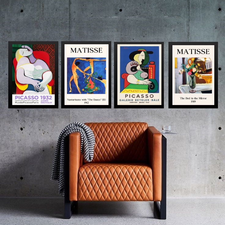 Kit 4 Quadros Vintage Posters Matisse e Picasso 33x24cm - com vidro