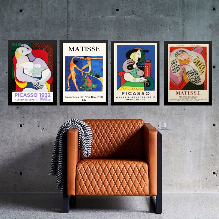 Kit 4 Quadros Vintage Posters Picasso e Matisse 45x34cm - com vidro