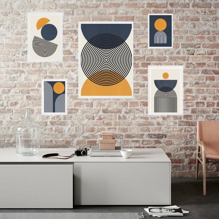 Kit 5 Quadros Abstratos Azul e Amarelo - com vidro