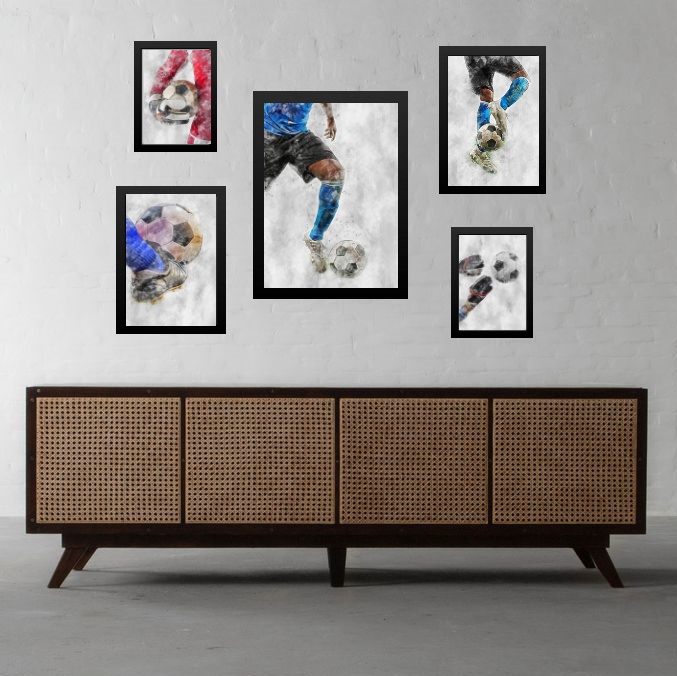 Kit 5 Quadros Aquarela Futebol