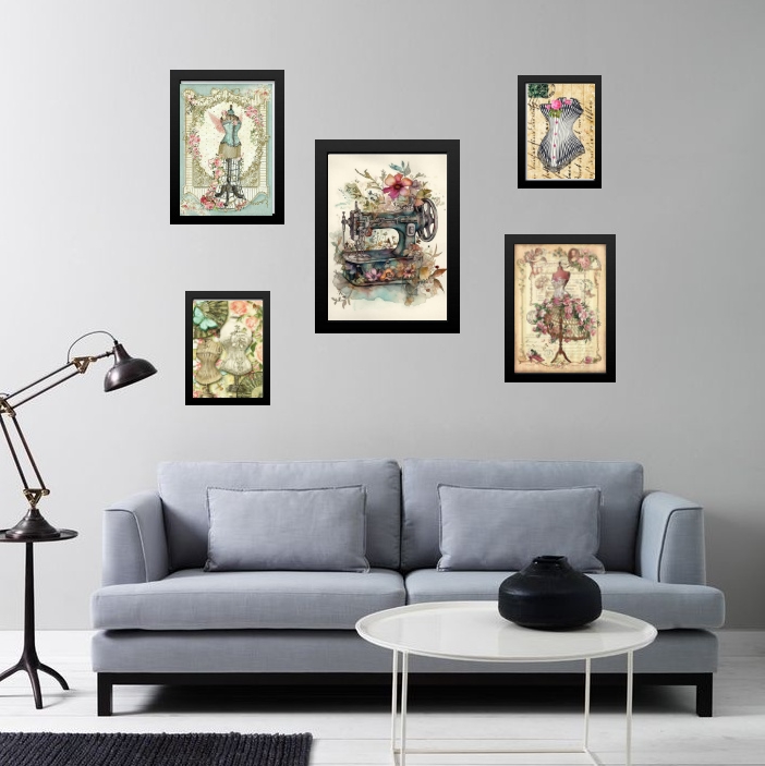 Kit 5 Quadros Atelier Costura Vintage - com vidro