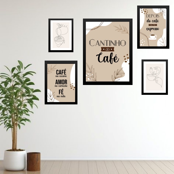 Kit 5 Quadros Cantinho Do Café Moderno - com vidro