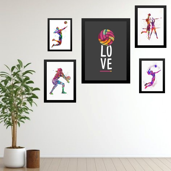 Kit 5 Quadros Decorativos Vôlei - Love - com vidro