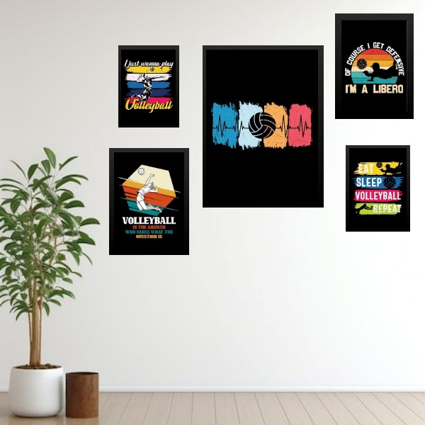 Kit 5 Quadros Decorativos Volleyball - com vidro