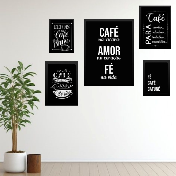 Kit 5 Quadros Frases De Café - com vidro