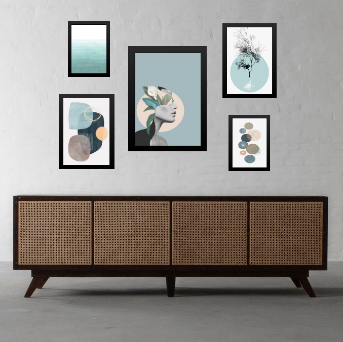 Kit 5 Quadros Modernos Sala Verde Água - com vidro