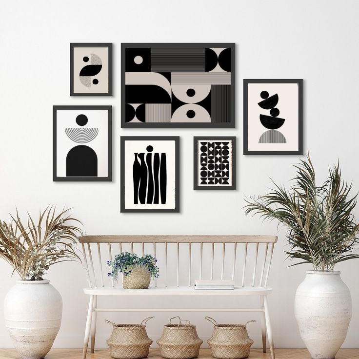 Kit 6 Quadros Abstratos- Formas Preto E Branco