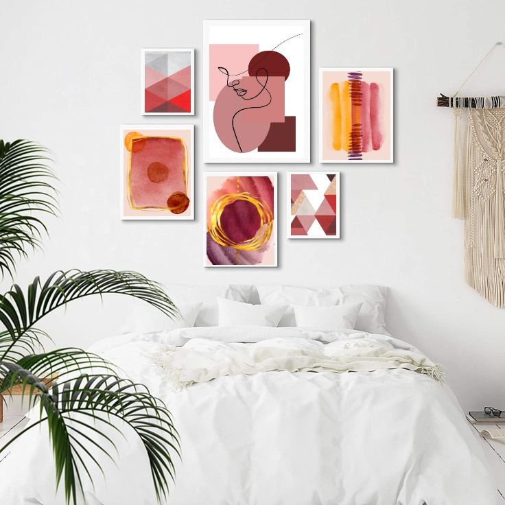 Kit 6 Quadros Abstratos Cores Quentes - com vidro