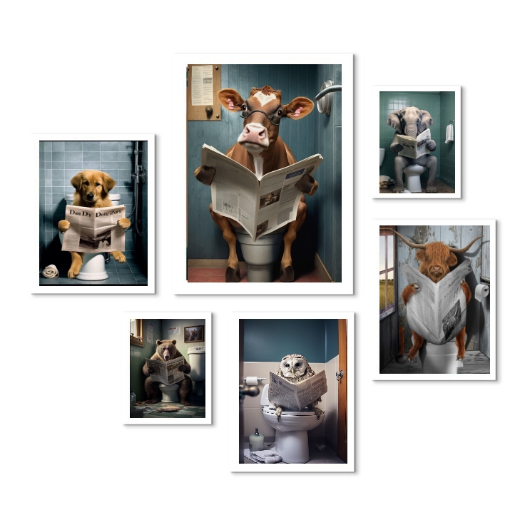 Kit 6 Quadros Animais No Banheiro Lendo Jornal - com vidro