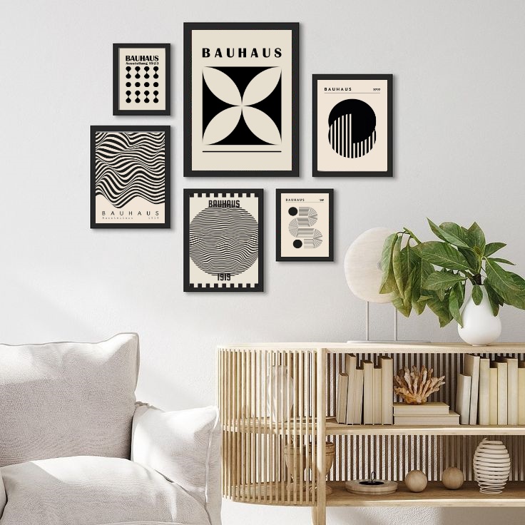 Kit 6 Quadros Bauhaus Preto e Bege