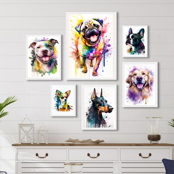 Kit 6 Quadros Cães Raças Diversas - com vidro