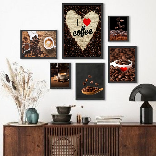 Kit 6 Quadros Café Grãos- I Love Coffee - com vidro