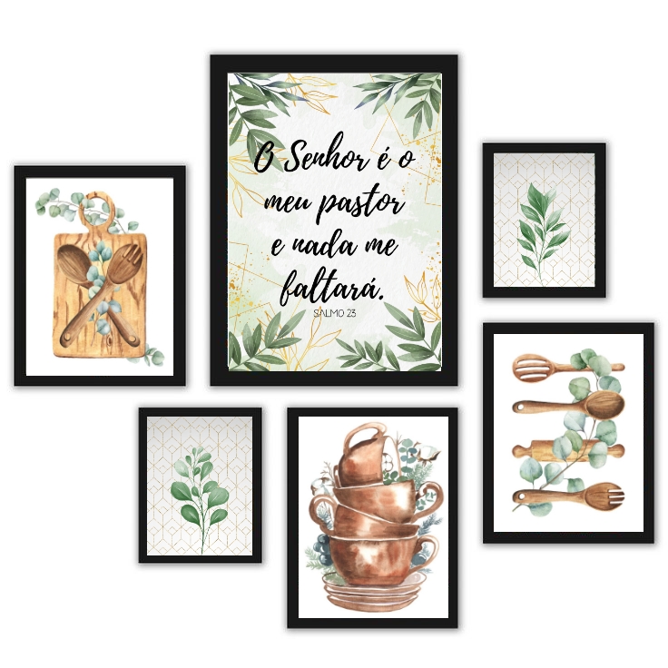 Kit 6 Quadros Cozinha - Folhas - com vidro