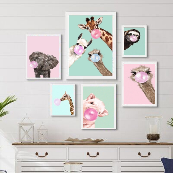 Kit 6 Quadros Decorativos Animais Chicletes - com vidro