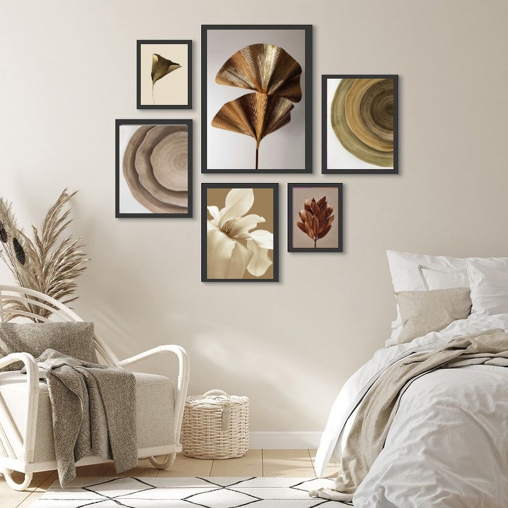 Kit 6 Quadros Decorativos Bege Marrom E Dourado - com vidro