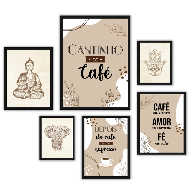 Kit 6 Quadros Decorativos Cantinho Café Zen - com vidro