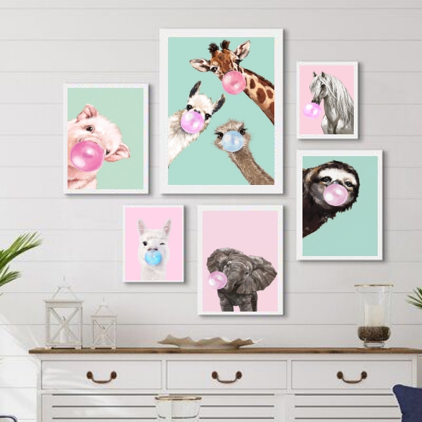 Kit 6 Quadros Decorativos Divertidos Bichinhos Chicletes - com vidro