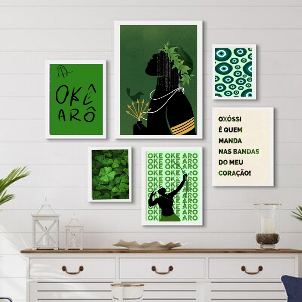 Kit 6 Quadros Decorativos Oxóssi Verde - com vidro
