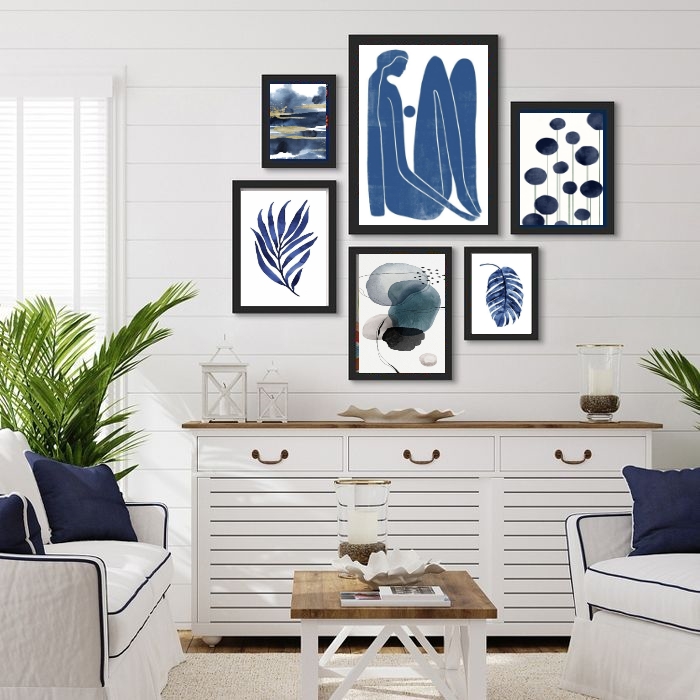 Kit 6 Quadros Decorativos Sala Artes Azuis - com vidro