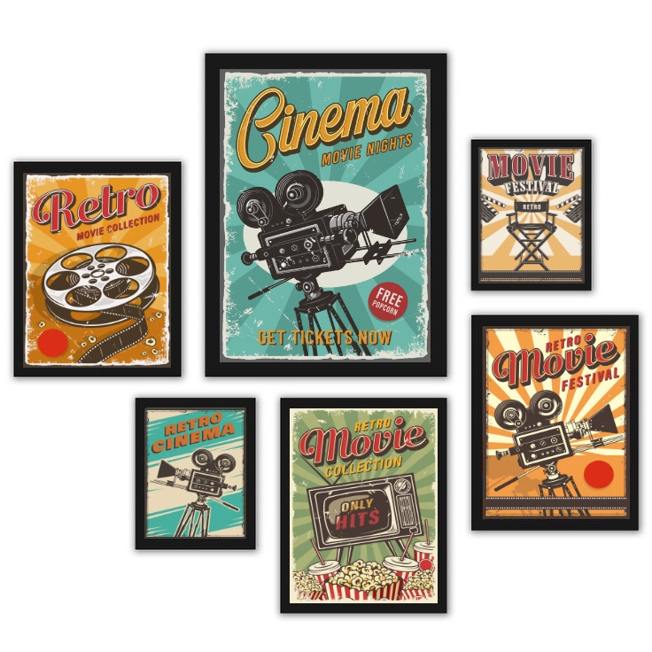 Kit 6 Quadros Decorativos Sala De Cinema - com vidro