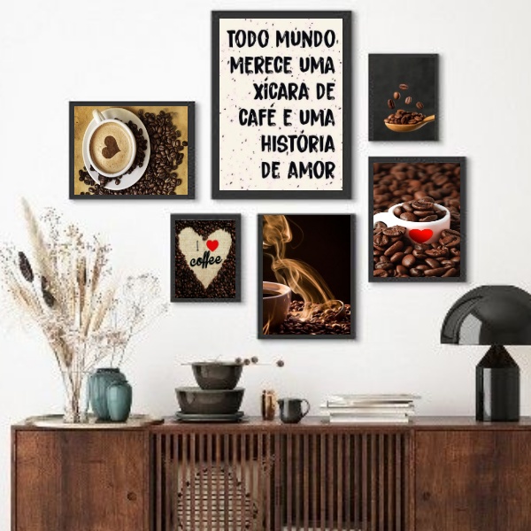 Kit 6 Quadros Decoratrivos Café- Amor - com vidro