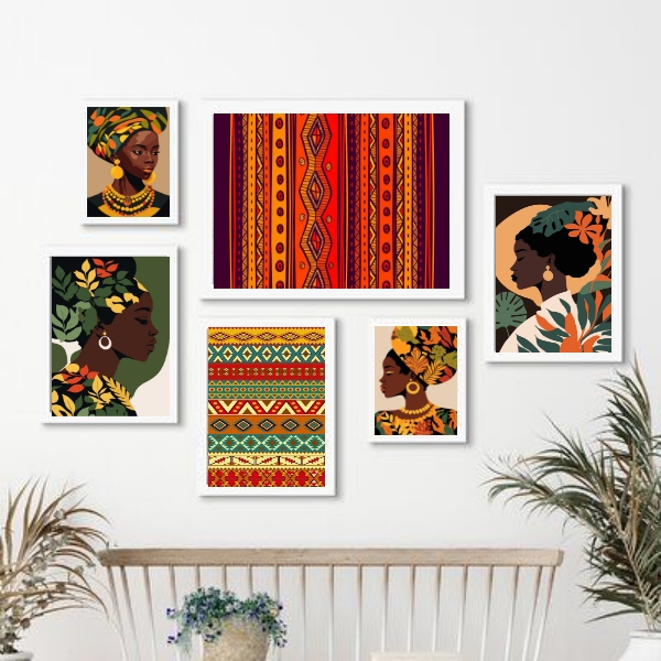 Kit 6 Quadros Estampas Africanas Mulheres