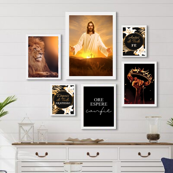 Kit 6 Quadros Evangélicos- Jesus Fé Gratidão - com vidro