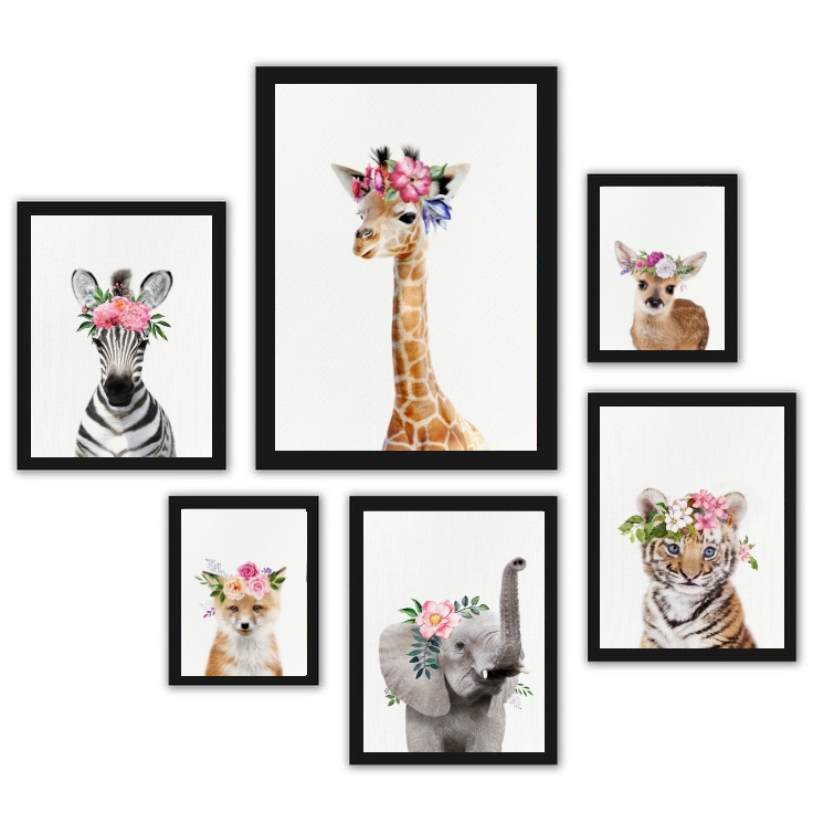 Kit 6 Quadros Filhotes Animais Com Flores