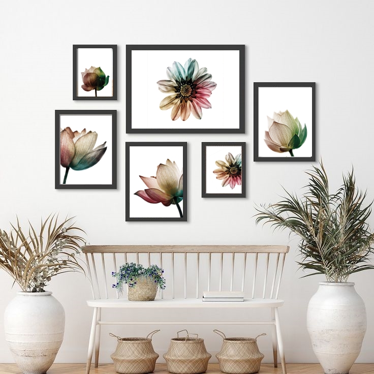 Kit 6 Quadros Florais Minimalistas Brancos