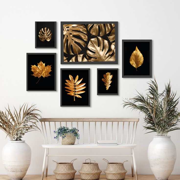 Kit 6 Quadros Folhas Douradas Fundo Preto