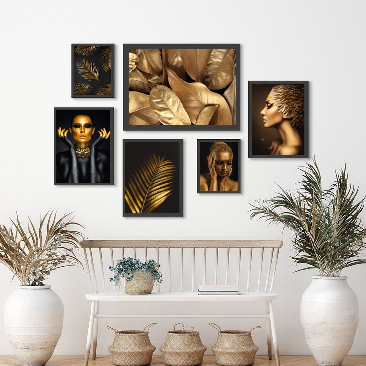 Kit 6 Quadros Folhas E Mulheres Douradas - com vidro