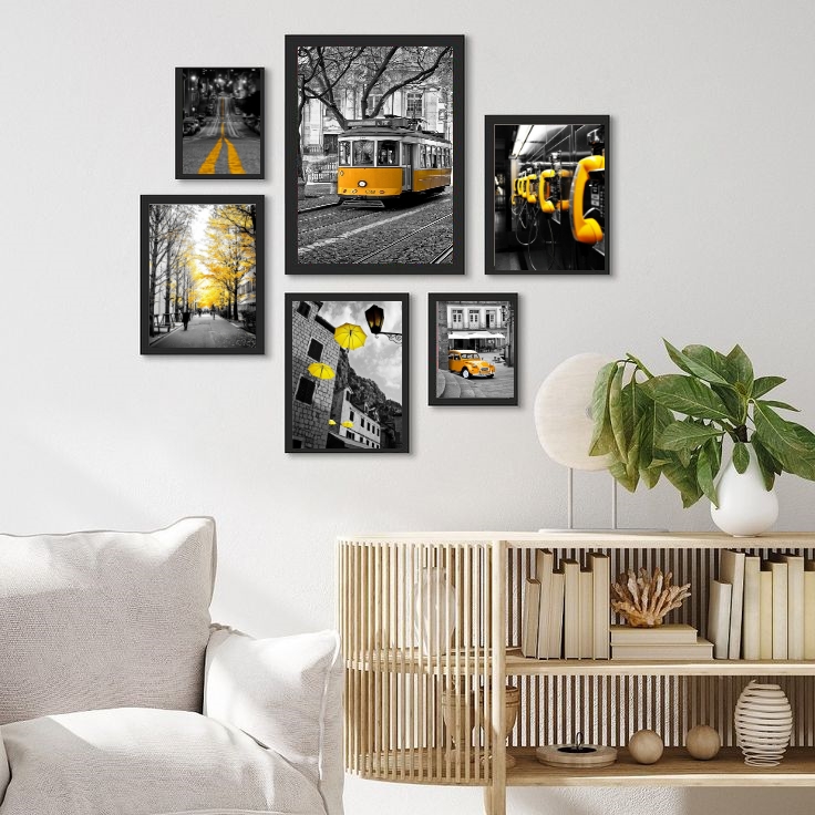Kit 6 Quadros Fotografias Cidades Amarelo e preto - com vidro
