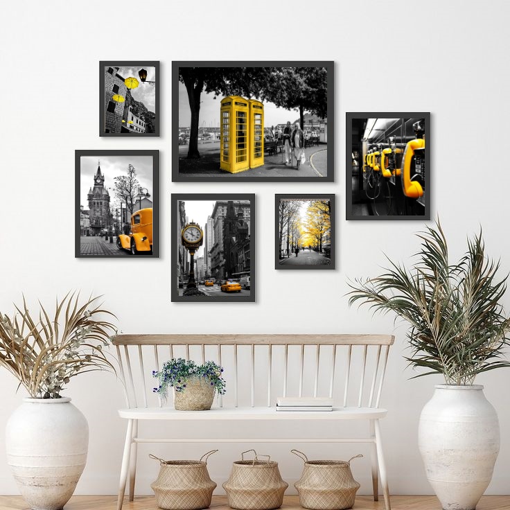 Kit 6 Quadros Fotos Cidades Amarelo - com vidro