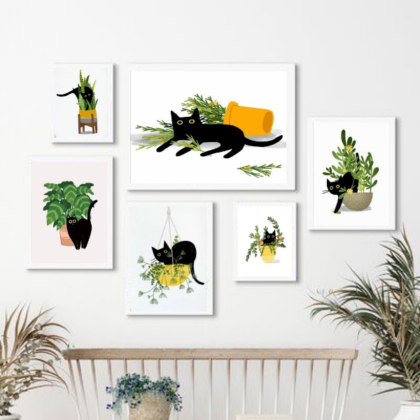 Kit 6 Quadros Gatinho Com Plantas - com vidro