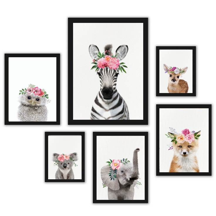 Kit 6 Quadros Infantis Animais Com Flores - com vidro