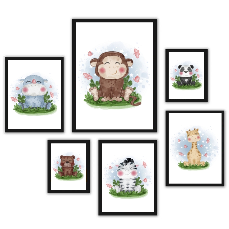 Kit 6 Quadros Infantis Tema Safari Aquarela - com vidro
